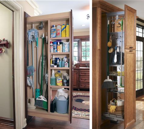 Broom Closet Inspiration - Halloween is only a day away and for some reason it inspired me to write about my favorite broom closets! Perhaps it’s the thought of… Broom Closet Organizer, Tall Narrow Storage Cabinet, Narrow Pantry, Broom Storage, Laundry Nook, Narrow Storage Cabinet, Utility Closet, Broom Closet, Small Closet Organization