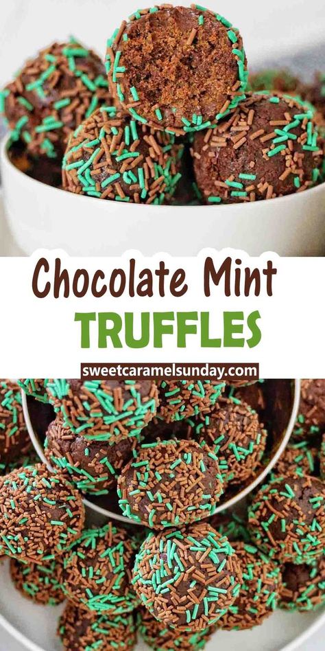 Chocolate Mint Truffles coated in chocolate and green sprinkles in white bowl on stacked white plates with text over lay. Chocolate Mint Balls, Mint Slice Balls, Condensed Milk Truffles, Mint Truffles, Chocolate Balls Recipe, Chocolate Coconut Slice, Truffle Recipe Easy, Xmas Goodies, Homemade Pie Recipes