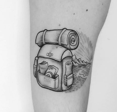 Backpack Tattoo Travel, Backpacking Tattoo, Tattoo Camping, Backpack Tattoo, Small Nature Tattoo, Outdoors Tattoos, Cross Stitch Tattoo, Warrior Tattoo Sleeve, Compass Drawing