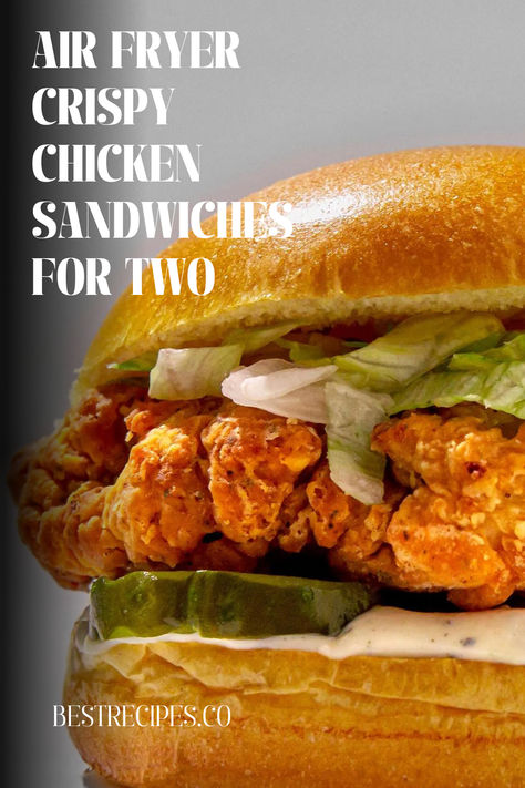 With these air-fried, crispy chicken sandwiches for two, you can skip the drive-thru! These crispy sandwiches, served with pickles, shredded lettuce, and herbed mayo, make a really tasty supper for two! Additionally, they use less oil than conventional fried chicken sandwiches because of air fryer technology. | chicken sandwiches | chicken sandwiches recipe | crispy chicken sandwiches | air fryer recipes | chicken recipes | dinner recipes | lunch recipes | lunch ideas | dinner ideas Chicken Sandwiches In Air Fryer, Air Fryer Chicken Sandwiches, Air Fryer Chicken Breast Sandwich, Pan Fried Chicken Sandwich Recipes, Air Fry Chicken Sandwich, Airfryer Chicken Sandwich, Hot Honey Chicken Sandwich Air Fryer, Chicken Breast Sandwich Ideas, Chicken Sandwich Recipes Air Fryer