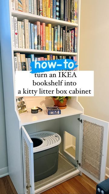 Cat Litter Box Bookshelf, Hidden Top Entry Litter Box Ideas, Ikea Kallax Cat Litter, Cat Litter Box In Cabinet, Litter Box Bookshelf, Litter Box Shelf, Aesthetic Litter Box Ideas, Ikea Cat Litter Box Hack, Litter Box In Closet