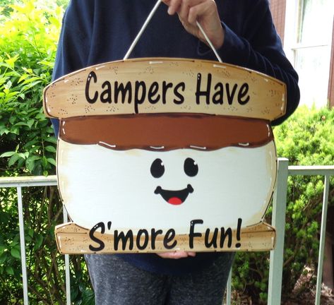 Smore Sign CAMPERS Have SMORE FUN  Camp Camping Cabin Wood Wooden Summer Vacation Door Hanger Tent Country Decor Wall Art Door Plaque Camping Decorations Outdoor, Camping Door Hanger, Summer Camp Cabin Decorations, Camping Decor Outdoor, Camp Room, Country Wood Crafts, Paper Palm Tree, Camping Bedroom, Camping Theme Birthday