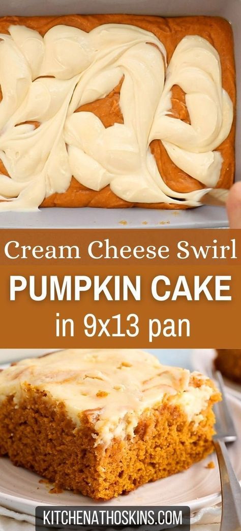 Learn how to make the best pumpkin cake with cream cheese that's homemade from scratch in a 9x13 pan, using pumpkin spices and is soft, fluffy, without frosting and is one of the best pumpkin desserts for fall or as a Thanksgiving dessert for a crowd. Get the easy pumpkin cream cheese cake recipe in quarter sheet pan at kitchenathoskins.com. Pumpkin Recipes With Cream Cheese, Easy Desserts Pumpkin, Fall Dessert For A Crowd, Easy Fall Desserts For A Crowd, Pumpkin Cream Cheese Cake Recipe, Sheet Pan Desserts, Fall Desserts For A Crowd, Best Pumpkin Desserts, Easy Pumpkin Desserts