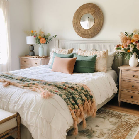 40 Stunning Boho Farmhouse Bedroom Designs for a Charming Space Apartment Room Themes, Cream Bedroom Ideas Boho, Neutral Bedroom With Pop Of Color Boho, Pastel Farmhouse Bedroom, Bedroom Decor Ideas For Women Boho, Moms Room Ideas Bedrooms, Boho Bed Spread, Carpeted Bedroom Decor, Girly Guest Bedroom