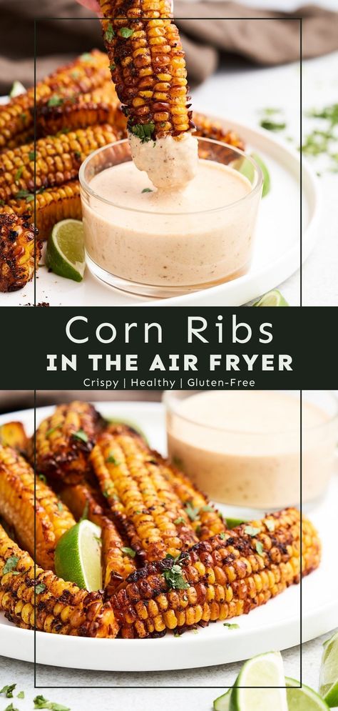 Prepare yourself for the savory, sweet, smoky flavors of these delicious corn ribs! Each piece is packed with a bold mix of spices, then finished with a squeeze of lime and fresh cilantro. Enjoy them hot out of the air fryer or oven for a crispy, satisfying treat that’s perfect for grilling season! #cornribs #veganrecipe #healthy Cucumber Salad Vegan, Vegan Garlic Bread, Avocado Rolls, Corn Ribs, Ribs In The Oven, Vegan Breakfast Casserole, Seasoned Corn, Easy Corn, Vegan Biscuits