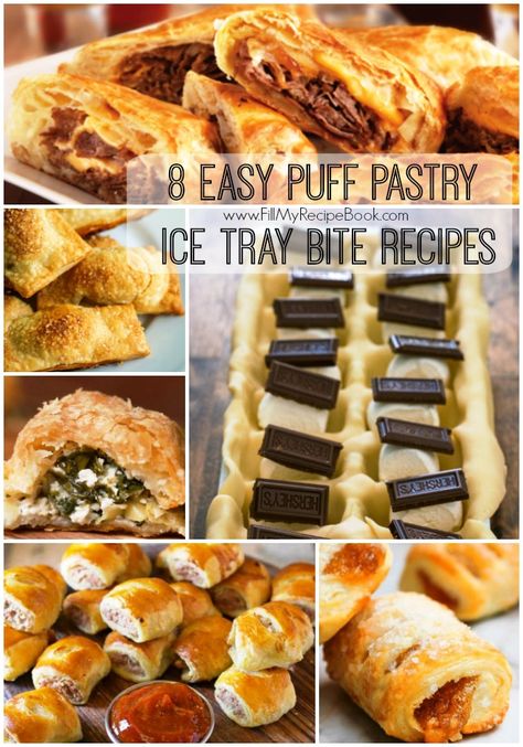 8 easy puff pastry ice tray bite recipes. This is such a simple and easy way to fill up a puff pastry bite in a ice cube tray with no mess and no fuss.  There is many fillings to choose from. Go ahead and try some of these.  Always paste egg yolk on top so the topping can stick. Then cut o... Ice Tray Recipes, Ice Cube Tray Snacks, Ice Cube Tray Recipes, Easy Puff Pastry Recipe, Spinach Puff Pastry, Pastry Puff, Easy Puff, Puff Pastries, Easy Puff Pastry