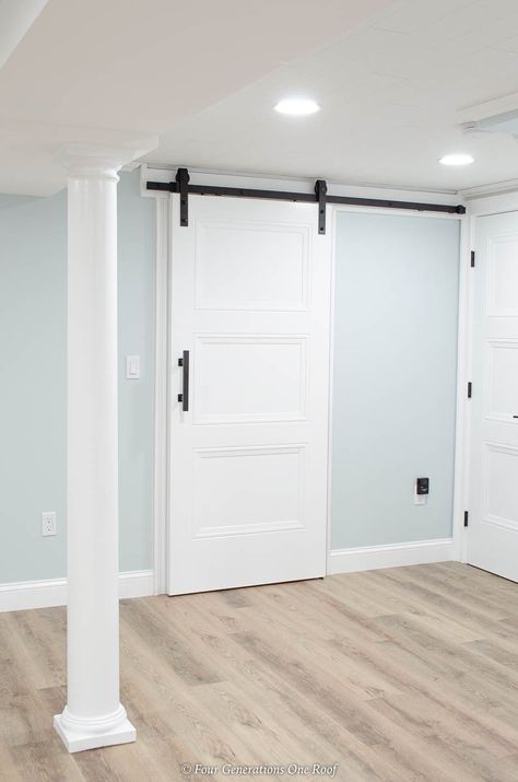 Finished Basement Wall Colors, Best Basement Paint Colors, Basement Colours, Barn Sliding Doors, Basement Color Schemes, Basement Wall Colors, Basement Color, Woven Ceiling, Gray Basement