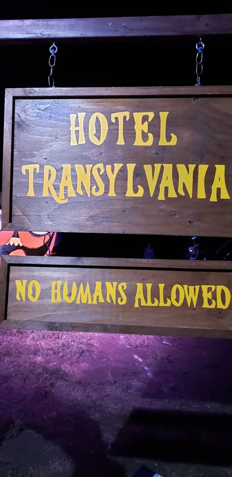 Hotel Transylvania. Collaboration: my friend built the sign and I added the words "Hotel Transylvania" and "No Humans Allowed" with HTV. Hotel Transylvania Door Decoration, Hotel Transylvania Halloween Decorations, Hotel Transylvania Party Decorations Diy, Halloween Hotel Decorations, Hotel Transylvania Trunk Or Treat Ideas, Hotel Transylvania Trunk Or Treat, Hotel Transylvania Decorations, Hotel Transylvania Aesthetic, Hotel Transylvania Halloween