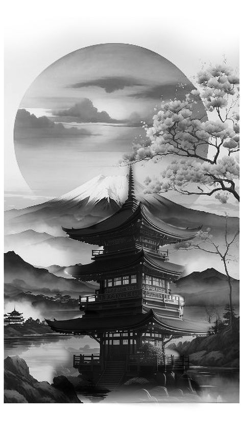 Japanese Tattoo Elements, Asian Mountain Tattoo, My Fuji Tattoo, Japan Temple Tattoo, Japanese Temple Tattoo Stencil, Japanese Building Tattoo, Japanese Tattoos Back, Japanese Mountain Tattoo, Japanese Landscape Tattoo