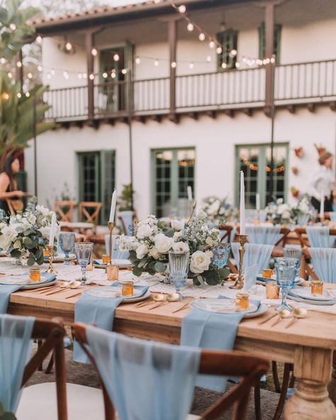 Cream And Blue Table Setting, Blue Brown Table Setting, Blue Candlesticks Wedding, Coastal Blue Wedding Decor, Mediterranean Blue Wedding, Light Blue And Brown Wedding Theme, Coastal Farmhouse Wedding, Coastal Garden Party Wedding, Cream And Blue Wedding