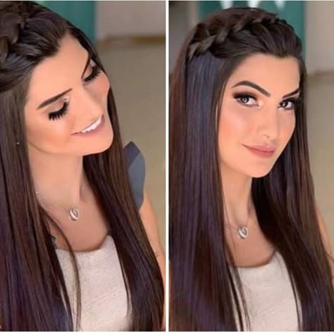 Straight Hairstyles For Engagement, Straight Hair Styles For Wedding Indian, Braid Hairstyles Straight Hair, Straight Hair With Braid On Side, Crown Braid Straight Hair, Lehnga Hairstyles Open Hair Straight, Brides Maids Hairstyle, Bridesmaid Hair Inspo, Date Night Hair