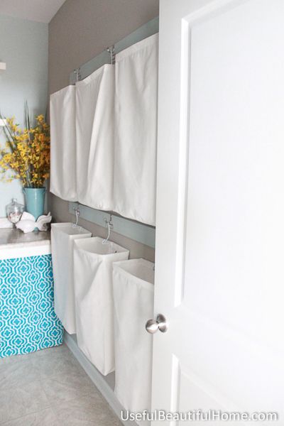 Laundry Room Lovel at UsefulBeautifulHome via OrganizingMadeFun.com Hanging Laundry Bag, Laundry Sorting, Laundry Bin, Garage Style, Laundry Sorter, Laundry Closet, Small Laundry Room, Small Laundry, Laundry Room Storage