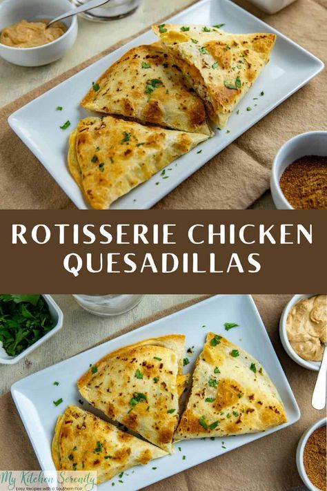 These rotisserie chicken quesadillas (with homemade taco seasoning) will easily become your new favorite at-home Mexican recipe. Ready in under an hour. Easy recipe! Much better than takeout! What Can I Do With Rotisserie Chicken, Chicken Quesadilla Recipe With Rotisserie Chicken, Quesadilla With Rotisserie Chicken, Recipe Using Rotisserie Chicken Easy, Rotisserie Chicken Quesadilla Recipe, Sandwiches With Rotisserie Chicken, Things To Make With Rotisserie Chicken Easy Meals, Rotisserie Chicken Quesadillas Easy, Rotisserie Chicken Mexican Recipes