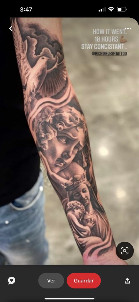 Outer Forearm Tattoo Men, Angel Sleeve Tattoo, Christus Tattoo, Herren Hand Tattoos, Arm Tattoos For Guys Forearm, Outer Forearm Tattoo, Chicano Tattoos Sleeve, Statue Tattoo, Men Tattoos Arm Sleeve