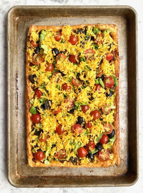 Sheet Pan Taco Bake, Sheet Pan Tacos, Pan Tacos, Spicy Ranch Dressing, Taco Bell Mexican Pizza, Puff Pastry Crust, Cheese Crust, Taco Bake, Refrigerated Pie Crust