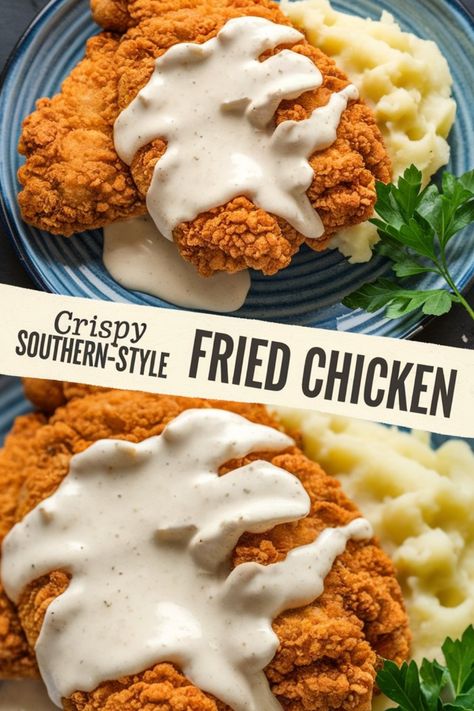 Crispy southern-style fried chicken with white gravy, served with mashed potatoes. Copycat Churches Fried Chicken, Fried Chicken In Deep Fryer, No Buttermilk Fried Chicken, Louisiana Fried Chicken Recipe, Stove Top Fried Chicken, Fried Chicken Casserole, Southern Fried Chicken Breast, Shallow Fried Chicken, Country Fried Chicken Recipe