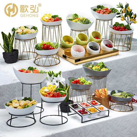 Buffet Stand Food Displays, Buffet Serving Dishes Food Displays, Salad Counter Display, Food Risers Display Party Ideas, Salad Buffet Display, Buffet Risers Food Displays, Food Display Counter, Buffet Risers, Catering Display Ideas