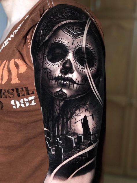 “Hernan Yepes > Day of the Dead #tattoo #ink #art” Day Of The Dead Tattoo Men, Realistic Cover Up Tattoo, Dark Cover Tattoo, Day Of The Dead Sleeve Tattoo, Mexican Theme Tattoos, Dark Tattoo Cover Up Ideas For Men, Dead Tattoo, Day Of The Dead Tattoos, Dia De Los Muertos Tattoo Ideas Men