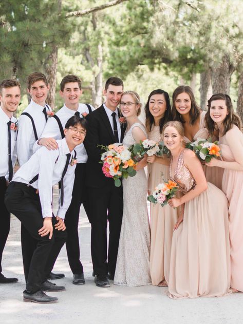 Rose gold and blush pink bridesmaids dresses. Black ties and suspenders groomsmen and groom attire. Spring bouquet ideas. Groom Attire Spring, Spring Bouquet Ideas, Bridesmaids Blush Pink, Bridesmaids Dresses Black, Southern Brunch, Pink Groomsmen, Suspenders Groomsmen, Stone Chapel, Groomsmen Suspenders