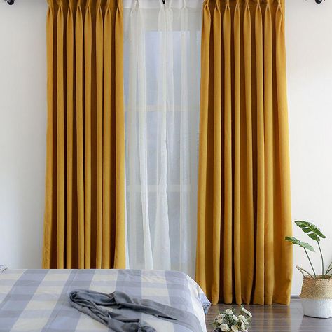 Solid Mustard Yellow Curtains Simple Minimalist Thermal Blackout Bedroom Drapes #bedroomcurtains Mustard Curtains, Hufflepuff Room, Bedroom Curtains Ideas, Colored Curtains, Mustard Yellow Curtains, Mustard Yellow Bedrooms, Mustard Yellow Decor, Yellow Drapes, Living Room Drapes