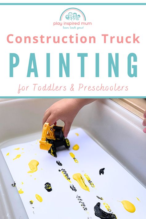 Toddler holding construction truck in yellow and black paint on white paper in a white plastic tub Dump Truck Activities For Preschool, Construction Theme Sensory Bin, Construction Truck Activities Preschool, Construction Messy Play, Digger Activities, Construction Art For Preschool, Preschool Construction Theme Art, Construction Week Preschool Crafts, Eyfs Construction Activities