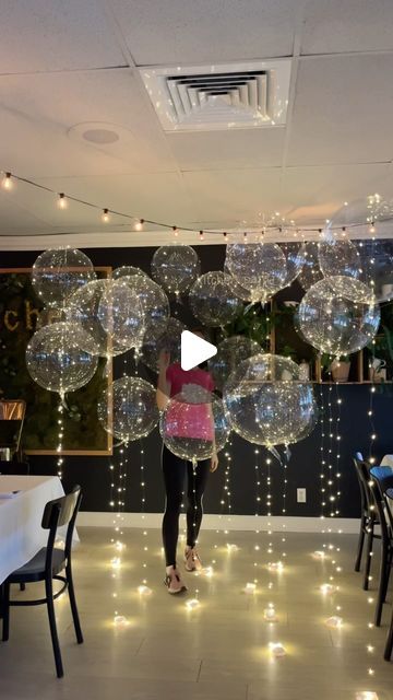 Balloon Decorations and Event Rentals Palm Beach on Instagram: "Perfect party decor for those who want balloon decorations but don’t like balloons🎈  A full tutorial with links available in the subscription section! Cancel any time👍  #balloons #ledballoons #birthdayparty" Led Balloon Backdrop, Balloon Decoration Wedding, 50 Year Birthday Party Ideas Women, 50 Years Birthday Decoration, Clear Balloons With Lights, Indoor Birthday Decorations, Clear Balloon Ideas, 50th Birthday Decor Ideas For Women, 60th Wedding Anniversary Party