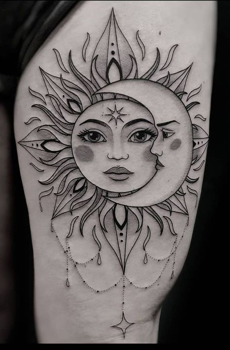 Sun And Moon Tattoos, Tato Mandala, Moon Sun Tattoo, Catrina Tattoo, Sun Tattoo Designs, Sun And Moon Tattoo, Moon Tattoos, Muster Tattoos, Moon Tattoo Designs