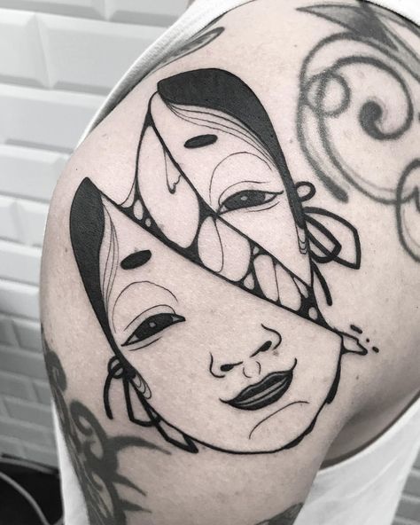 OSCAR HOVE Japanese Mask Tattoo, Hp Tattoo, Noh Mask, Mask Drawing, Japanese Mask, Geometric Tattoo Design, Mask Tattoo, Japanese Tattoo Art, Lowbrow Art