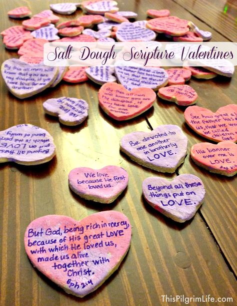 Salt Dough Scripture Valentines Valentines Party For Church Kids, Valentine’s Day Church Crafts, Valentine Jesus Crafts For Kids, Salt Dough Valentines, Church Valentines Crafts, Christian Valentines Crafts, Church Valentines Party, Scripture Valentines, Christian Valentines Cards