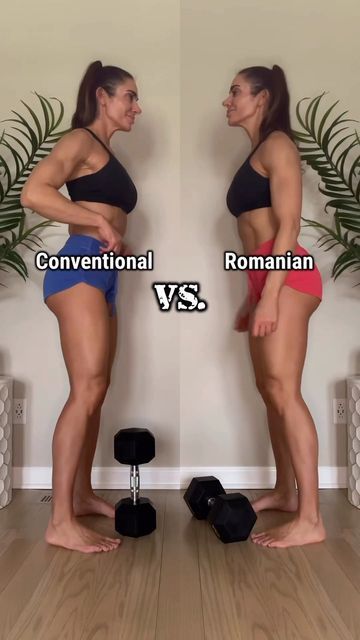 Sandy Sklar on Instagram: "Conventional Vs. Romanian DEADLIFTS ✔️ Conventional deadlifts are typically performed using a barbell, but can be done using a kettle or dumbbell. They engage the entire posterior chain, plus the quads, engage more muscles overall and are a powerful functional exercise! Romanian deadlifts place more emphasis on the glutes and hamstrings and are a solid choice to build that backside! They can be less taxing on the low back and are a great option for beginners and thos Rdl Exercise Vs Deadlift, Russian Deadlift, Deadlift Women, Dumbbell Deadlift, Conventional Deadlift, Squat And Ab Challenge, Squats Challenge, Romanian Deadlift, Tuesday Workout