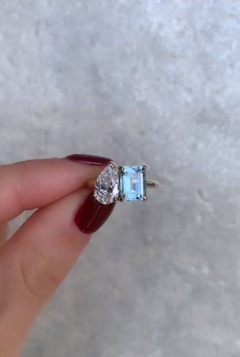 Aquamarine Baguette Ring, Coloured Gemstone Engagement Ring, Toi Et Moi Ring Aquamarine, Engagement Rings With Birthstones, Diamond And Gemstone Engagement Rings, Silver Gemstone Engagement Rings, Engagement Rings Two Stone, 2 Stone Ring, Aquamarine Wedding Rings