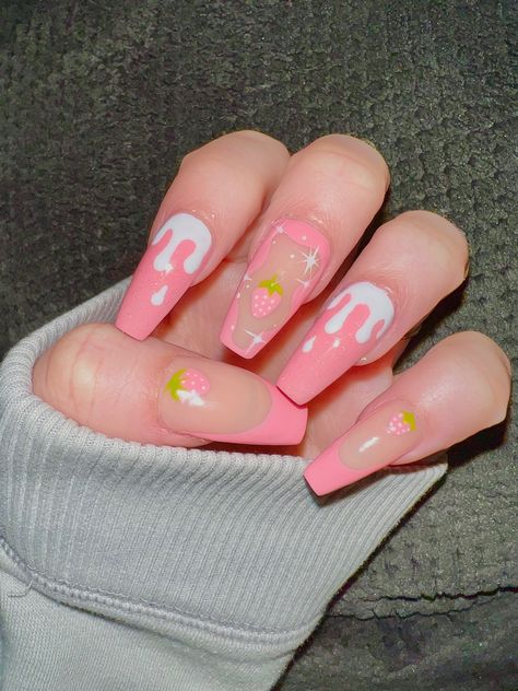 Pink Ice Cream Nails, Bubble Gum Nails Design, Strawberry Milkshake Nails, Waitress Nails, Fun Nails Summer, Milkshake Nails, Ice Cream Nails, Fruit Nails, Candy Nails