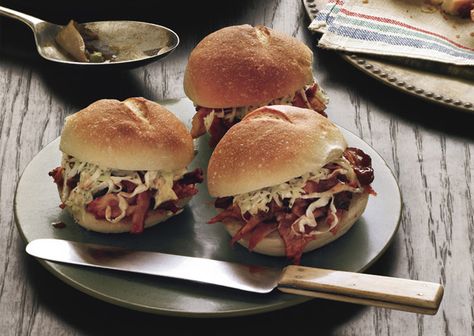 Barbecued pulled turkey from Bon Appetit Bbq Pulled Turkey, Pulled Turkey Sandwiches, Crockpot Pork Shoulder, Turkey Bbq, Pulled Turkey, Turkey Sandwiches Recipes, Pulled Chicken Sandwiches, Turkey Leftovers, Shredded Turkey