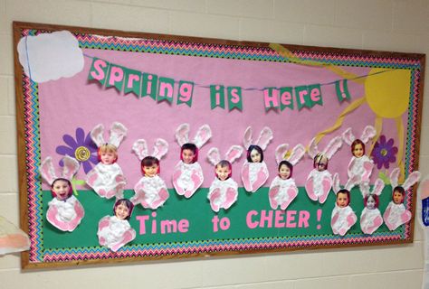 Spring Bulletin Board Spring Bulletin Boards Preschool, Baby Footprint Crafts, Daycare Projects, Easter Bulletin Boards, Kids Bulletin Boards, Preschool Letter Crafts, Decorations Items, Easter Classroom, Preschool Spring