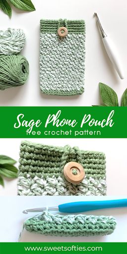 Sage Phone Pouch (Free Crochet Pattern) - Sweet Softies | Amigurumi and Crochet Crochet Phone Pouch, Crochet Quilt Pattern, Crochet Phone Cover, Purse Patterns Free, Crochet Phone Cases, Cellphone Holder, Crochet Mobile, Confection Au Crochet, Crochet Quilt