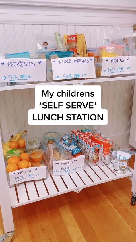 Summer Snacks For Kids Self Serve, Summer Snack Boxes For Kids, Summer Snack Organization For Kids, Kids Summer Snack Station, Montessori Lunch Ideas, Lunch Station For Kids, Snack Organization Ideas Cabinet, Kids Self Serve Breakfast Station, Self Serve Breakfast Station For Kids