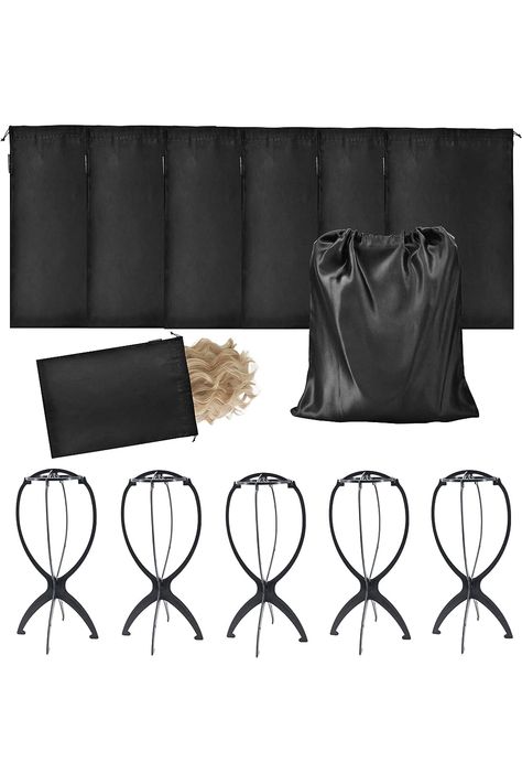 GONGKANGYUAN 5-Pack Wig Storage Organizer and 5-Pack Wig Stand Tripod, Silk Satin Wig Bags Storage with Hanger Packaging Hair Extensions &amp; Wigs &amp; Bundles for Home Salon Travel Use (Black) Hanger Packaging, Wig Storage, Bags Storage, Wig Stand, Home Salon, Hairstyles Ideas, Wigs Hair Extensions, Storage Organizer, Tripod