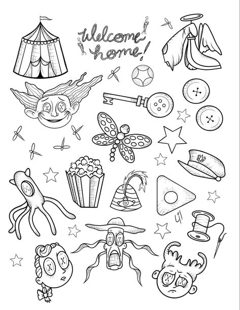 Cute Tim Burton Tattoos, Coraline Stencil Tattoo, Squid From Coraline Tattoo, Coraline Small Tattoo, Coraline Back Tattoo, Cool Coraline Tattoos, Movie Tattoo Flash Sheet, Ghost Tattoo Flash Sheet, Stranger Things Inspired Tattoos