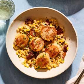 Scallops With Corn, Black Forest Ice Cream, Scalloped Corn, Cream Cake Recipe, Printable Recipes, Ice Cream Cake Recipe, Seared Scallops, Bacon Recipe, Scallops Seared