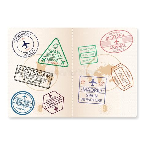 Passport Pages with Visa Stamps. Document with Airport Sign for Flying on Airplane, Travel. Vector. Stock Vector - Illustration of foreign, flying: 114444528 Passport Illustration Art, Sea Branding, Passport Illustration, Airport Illustration, Pride Illustration, Travel Vector Illustration, Passport Design, World Stamps, Envelope Template Printable