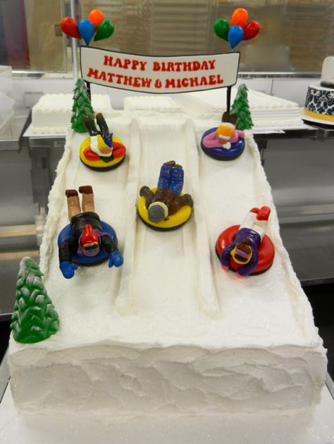 We're ready for some snow tubing with this cake! Sledding Birthday Party, Ski Cake, Sledding Party, Snow Party, 8 Cake, Winter Birthday Parties, Snow Tubing, Winter Cake, 10th Birthday Parties