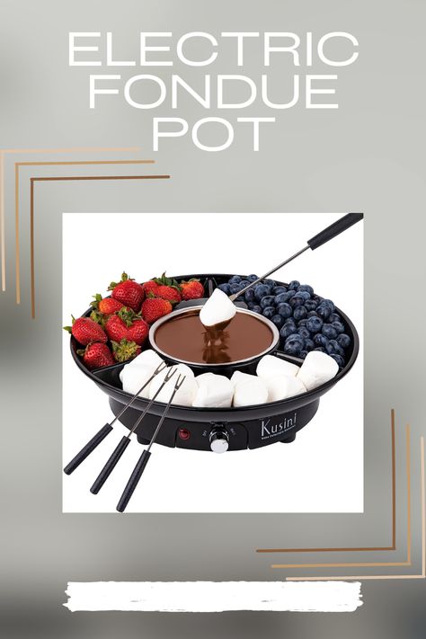 This fondue pot electric set comes with a melting base, removable 10oz melting bowl, 3 section detachable tray for easy serving & cleaning, and 4 skewers. Use this tabletop-safe chocolate melting pot to evenly heat up to 140°F for melting. Once melted, turn it to warm and serve it up with your favorite dippings such as fruits, pretzels, marshmallows, candies, and more. #gifts #kitchengifts #diygifts #kitchentools Chocolate Melting, Fondue Pot, Pot Set, Melting Pot, Kitchen Gifts, Serving Trays, Pretzels, Game Night, Marshmallows