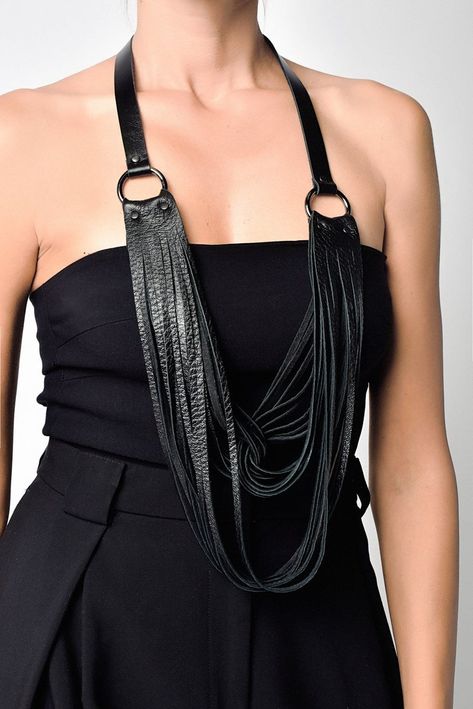 Leather Fringe Necklace, Leather Statement Necklace, Leather Jewelry Making, Steampunk Bracelet, Designer Leather Bags, Black Leather Bracelet, Party Necklace, Fringe Necklace, Leather Cuffs Bracelet