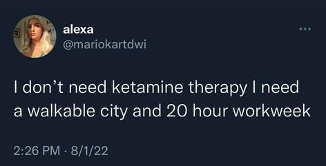 I don't need ketamine therapy I need a walkable city and a 20 hour work week Walkable City, Riot Grrrl, Work Week, Urban Planning, City Aesthetic, Social Issues, Mood Pics, 100 Years, Psychology