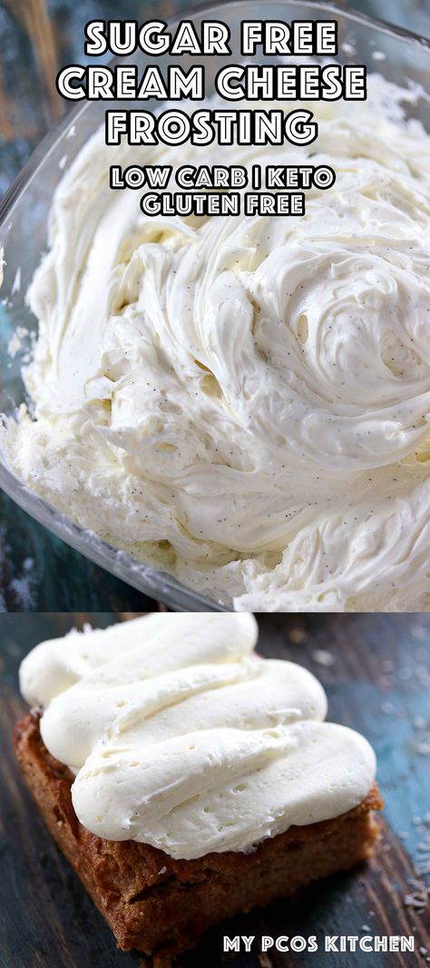 Sugar Free Cream Cheese Frosting - My PCOS Kitchen - A delicious low carb frosting that can be used on any type of cake! #keto #lowcarb #creamcheesefrosting #sugarfree #lchf #frosting #cakefrosting Sugar Free Cream Cheese Frosting, Sugar Free Desserts Easy, Sugar Free Baking, Sugar Free Recipes Desserts, Postre Keto, Low Carb Diets, Low Carb Sweets, Low Carb Dessert, Keto Sweets