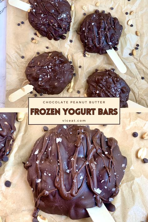 Indulge in these Choco-PB Frozen Yogurt Bars! 🍫🥜❄️🍦 They're the perfect blend of rich chocolate and creamy peanut butter, frozen to perfection. 😋👌 Enjoy the cool, refreshing treat that satisfies your sweet cravings! 🌬️🍨 #FrozenYogurtBars #ChocoPBFrozenTreats #ChocolatePeanutButterDelight #FrozenDesserts #SummerTreats #SweetToothSatisfying #EasyRecipe #DeliciousDelights #YummyIndulgence #IrresistibleFlavours Chocolate Covered Frozen Yogurt Fruit, Chocolate Covered Frozen Yogurt, Peanut Butter Frozen Yogurt Bars, Frozen Yogurt Peanut Butter Chocolate, Yogurt Peanut Butter Frozen, Chocolate Peanut Butter Frozen Yogurt, Frozen Yogurt Desserts, Chocolate Frozen Yogurt, Freezer Cookies