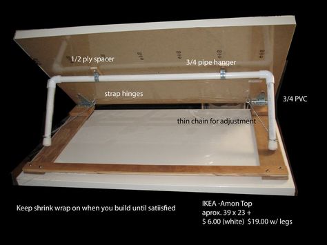 DIY drafting table! I'd maybe add some holes to the bottom for the legs of the pvc pipe so the table is more secure at the desired height rather than just resting it on a taut chain. Adjustable Drawing Table, Diy Puzzle Easel, New School Drawing, Diy Easel, School Drawing, Desk Caddy, Diy Table Top, Drawing Desk, Puzzle Table