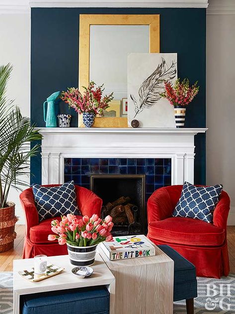 Red Chair Living Room, Red Accent Chairs, Blue Couch Living Room Ideas, Blue Couch Living, Room Ideas Farmhouse, Red Accent Chair, Blue Couch Living Room, Couch Living Room Ideas, Blue Couch