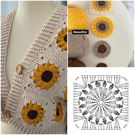 Granny Square Crochet Sunflower, Granny Square Crochet Pattern Sunflower, Block Granny Squares, Sunflower Crochet Square, Sunflower Crochet Pattern, Sunflower Granny Square Pattern, Sunflower Granny Square, Summer Crochet Clothes, Sac Granny Square