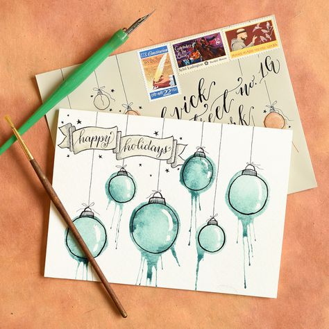 Artistic Ornaments-Themed DIY Christmas Card Tutorial | The Postman's Knock :: This DIY Christmas card tutorial is quick, easy, and artistic! To make this project, you'll just need a few watercolor paints, a blank card, and lung power! Christmas Card Tutorials, Envelope Tutorial, Diy Holiday Cards, Unique Holiday Cards, Watercolor Christmas Cards, Christmas Card Crafts, Easy Christmas Diy, Diy Christmas Cards, Card Tutorial